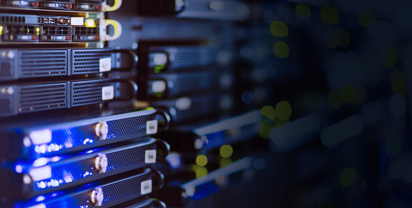 Close-up of cybersecurity products in a server room